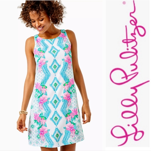 Lilly Pulitzer Blue & Pink Jackie Shift Dress in Resort White Girls Best Friend - Picture 1 of 15